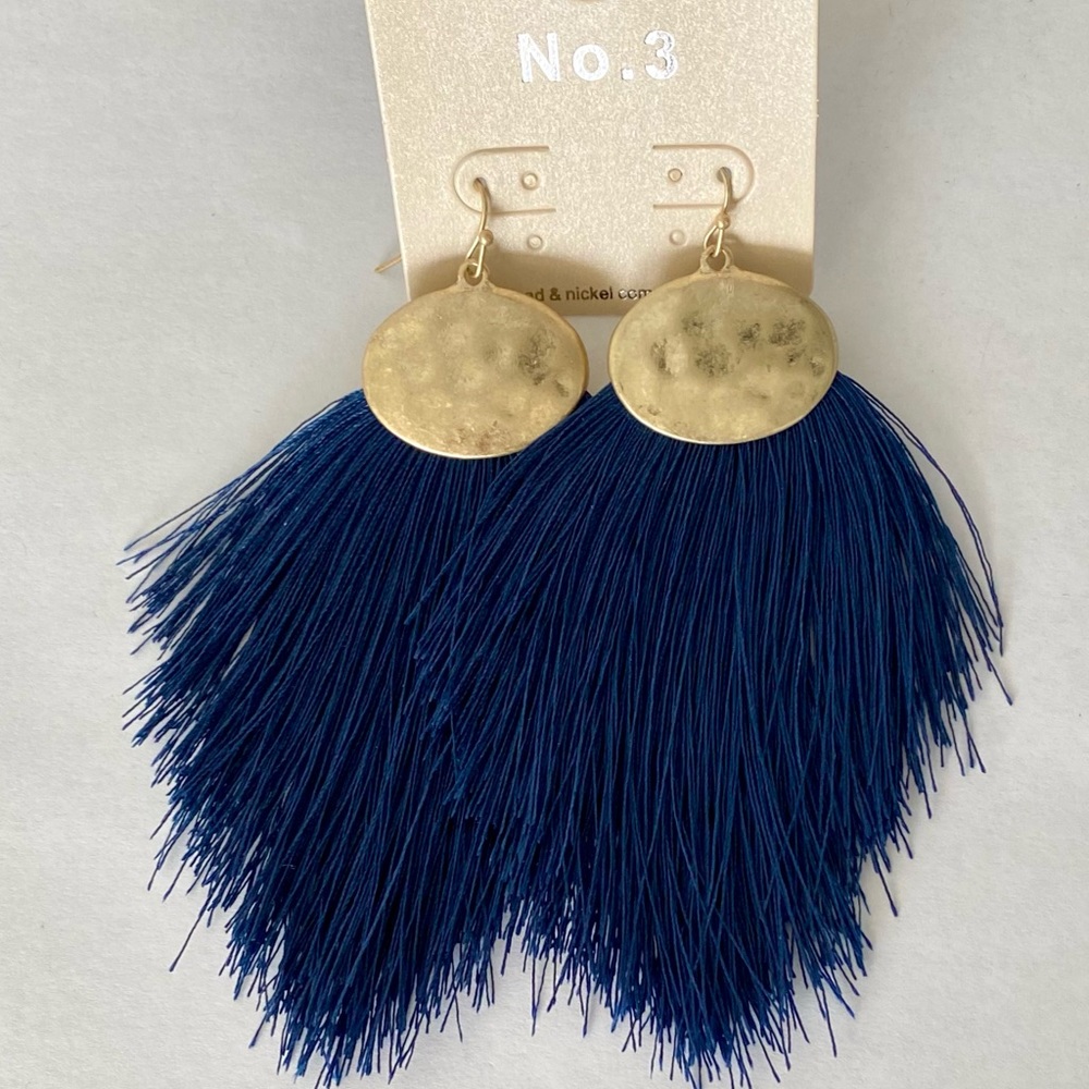 BOHEMIAN THREAD TASSEL HOOK DROP EARRINGS - NAVY BLUE